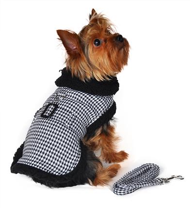 Designer Black & White Classic Houndstooth Dog Harness Coat with Matching Leash